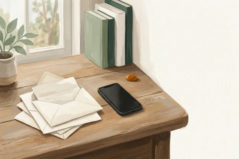 A stack of opened letters and envelopes beside a phone on a desk